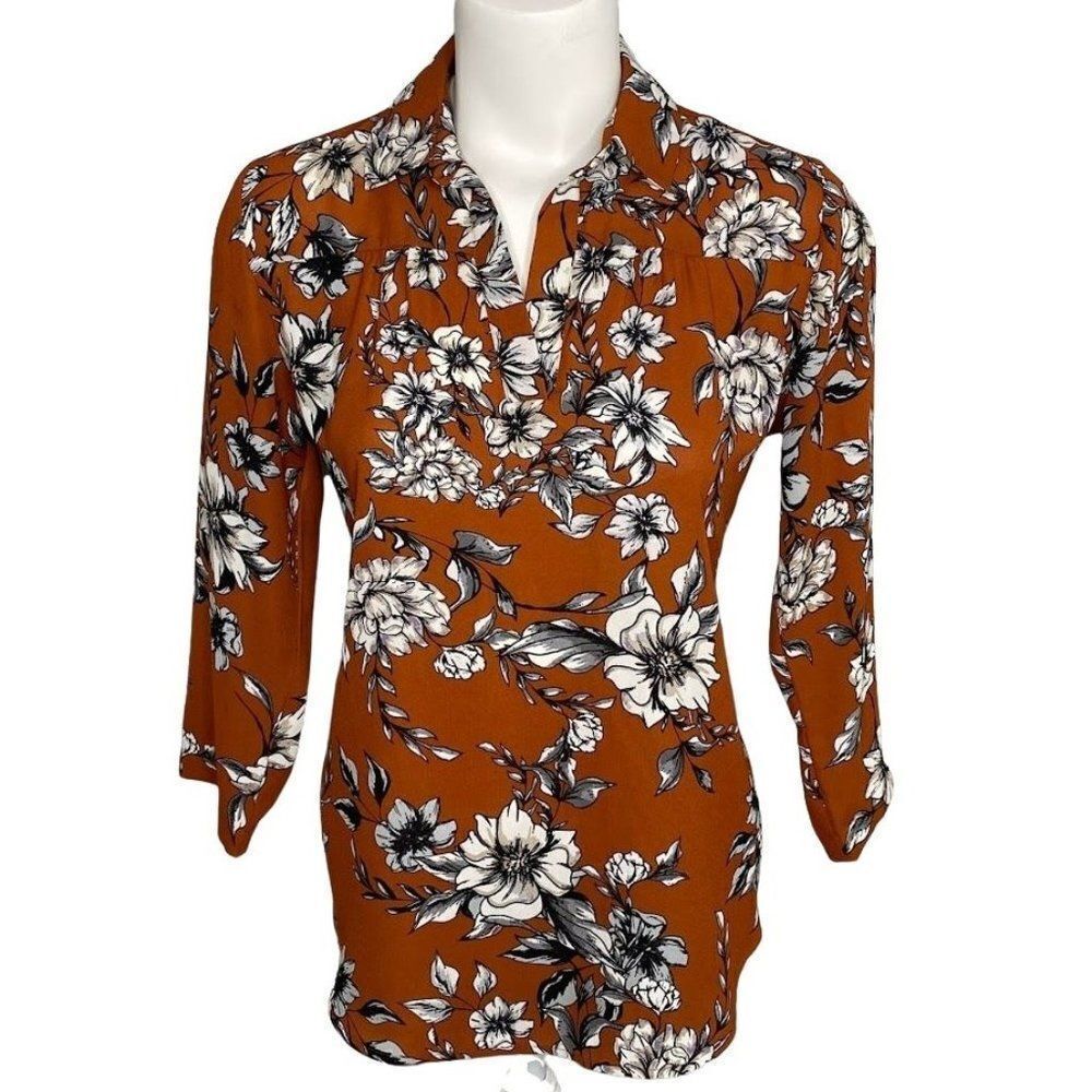Womens Van Heusen Brown Gray Floral‎ 3/4 Sleeve Blouse  Top sz XS